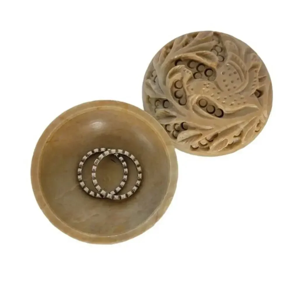 Vintage Hand Carved Soapstone Trinket Box Round Small Bird Carving Boho Deco Box